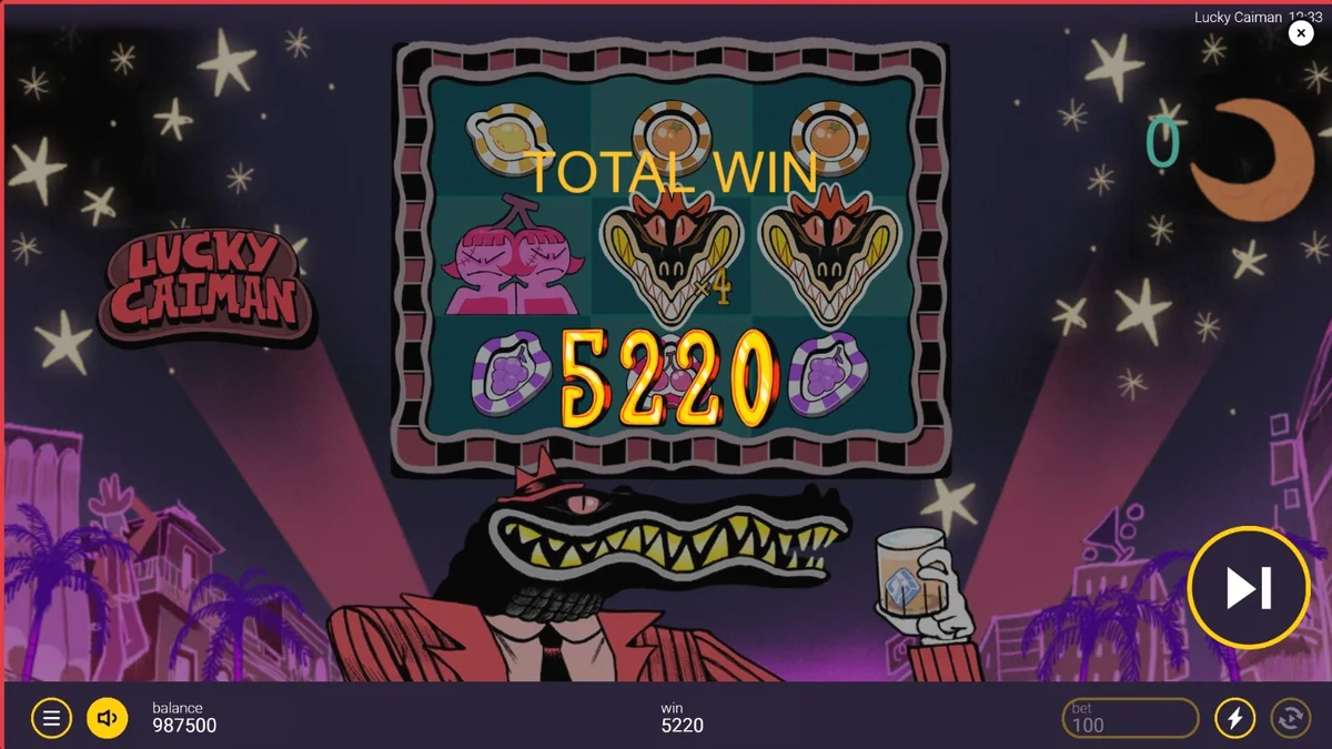Lucky Caiman slot game featuring a dapper crocodile host in a retro lounge setting.
